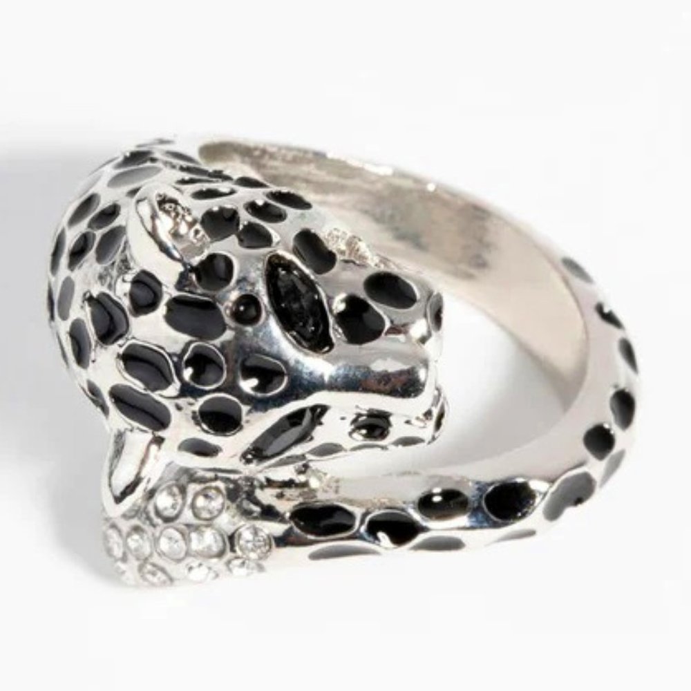 LOVISA LEOPARD SILVER/BLACK ENAMEL CLEAR & BLACK CRYSTALS RING SZ 8**NEW! - Picture 2 of 4